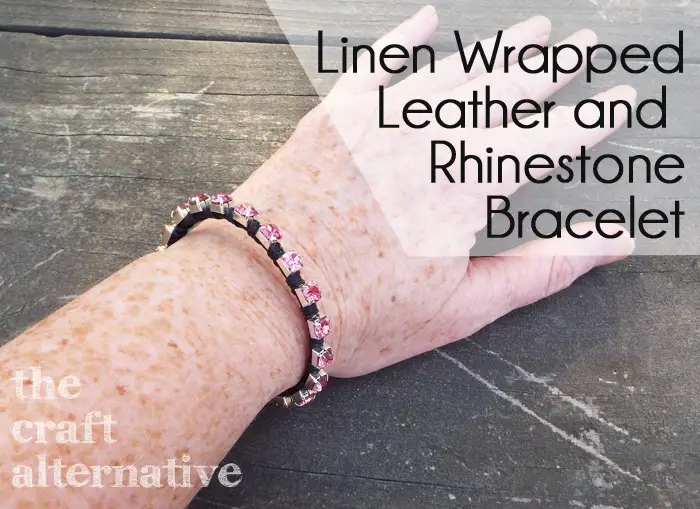 Linen Wrapped Leather and Rhinestone Bracelet DSCF2411